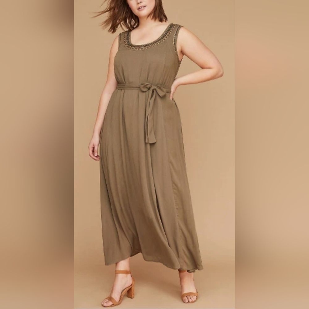Lane Bryant 100% Rayon Olive Forest Green Maxi Dress/Belt Embellished Neck 18-20